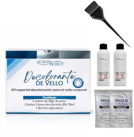 SesiomWorld Kit per capelli professionali – 2 creme da 20 vol, 2 buste in polvere e pennello applicatore – schiarimento sicuro e uniforme per il corpo