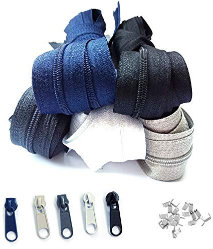 Reißverschluss endlos 3mm 15m 5 Farben Nylon Endlosreißverschluss mit 30 Zipper und 60 Endstück, Reißverschlüsse spiralförmig Meterware teilbar, 2.5cm breit für Kleidung Tasche Mäppchen Bettwäsche