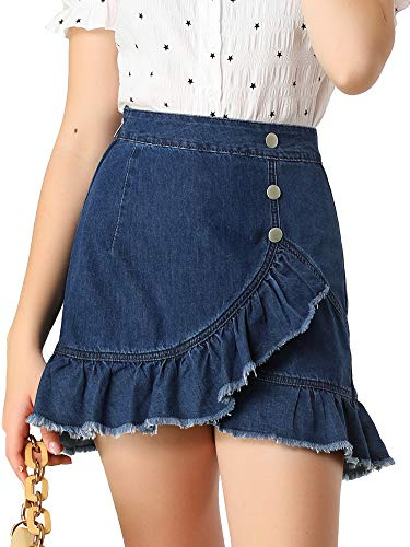 Allegra K Falda De Mezclilla De Mezclilla con Botones Delanteros Y Dobladillo Alto Y Bajo con Volantes para Mujer Azul S