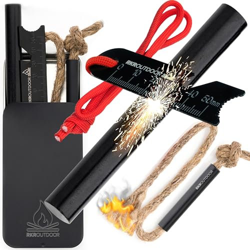RKR OUTDOOR Flint and Steel Ferro Rod Fire Starter Kit + Tinder Wick Bellow with Box - 4 Length 1/2” Thick Ferro Rod with Multi-Tool Striker and Paracord Lanyard + Hemp Wick with Bellow (RED)