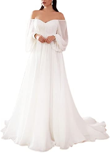 Shinroad - Vestito da donna a spalle scoperte con maniche a palloncino, vita alta e orlo che cade morbido, maxi abito da sera leggero alla moda, colore bianco, taglia L