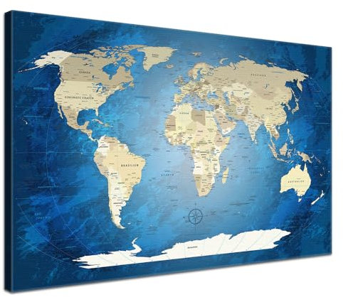 Stilvolle Pinnwand Weltkarte - Blue Ocean - Deutsch in 120 x 80 cm, stabile Rückwand zum Pinnen inkl. Starterkit - Leinwand-Kunstdruck Wandbild Landkarte XXL
