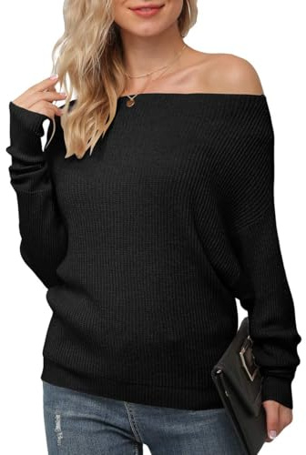 IWOLLENCE Womens Jumper Off Shoulder Waffle Knit Long Sleeve Tops Ladies Loose Batwing Sweater Casual Blouse(Black, L)
