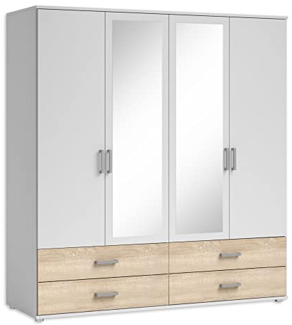Stella Trading Ivar specchi e cassetti, Versatile Armadio a 4 Ante girevoli, Colore, Effetto, Legno ingegnerizzato, Bianco/Rovere Sonoma, 2 Holztüren / 2 Spiegeltüren