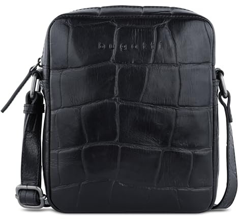 bugatti Nevio kleine Schultertasche Kroko-Optik aus echtem Leder, Umhängetasche, schwarz
