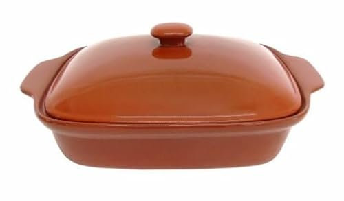 Cazuela barro horno olla tartera besuguera rectangular o redonda hornear CON TAPA - HORNO - MICROONDAS - LAVAVAJILLAS - FUEGO DIRECTO (31X21X13 CM)