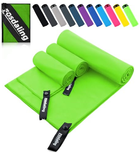 Fosdaling Mikrofaser Handtuch 3er Set（Groß 160×80cm und 2 Klein 80×40cm）, Schnelltrocknend Microfaser Fitness & Sport Handtücher, für Strandtuch, Badetuch, Sporthandtuch und Reisehandtuch (Grün)
