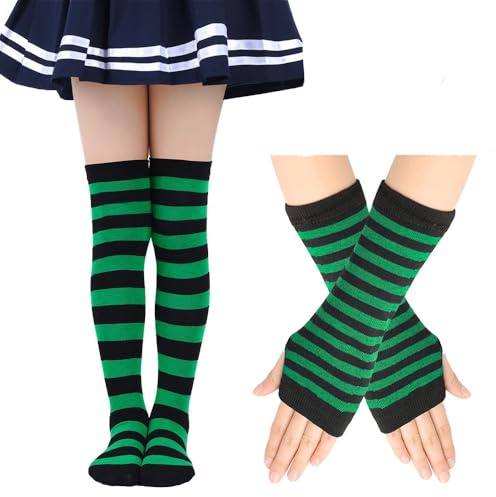 Hrlace Calze al ginocchio a righe guanti senza dita set di strisce colorate braccia calde gambe calze elastiche sopra il ginocchio calze lunghe scaldamuscoli per donne ragazze feste, Verde-nero-fine,