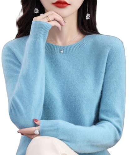 Cashmere Crew Neck Long Sleeve Soft Pullover Sweater for Women (Lake blue,M)