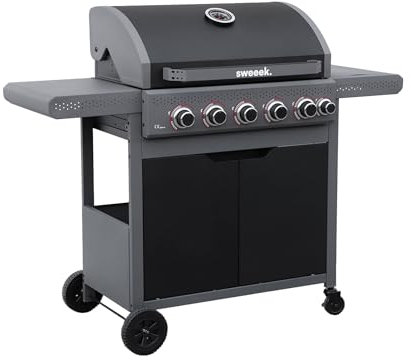 sweeek - Barbacoa de gas 5 quemadores + 1 fuego lateral, Edmond, Negro, 132x62x143 cm