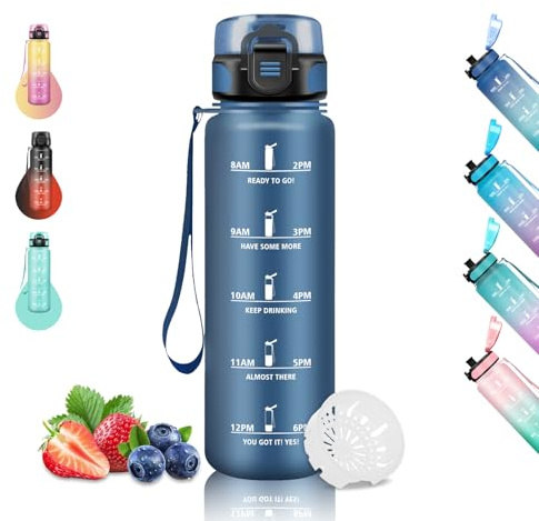 Grsta Borraccia 1 Litro, Borraccia Palestra Senza Perdite, Borraccie Sportiva, Facile da Pulire, Borraccie Motivazionale con Scala Temporale, Borracce per Yoga, Ciclismo, Campeggio, Blu Navy