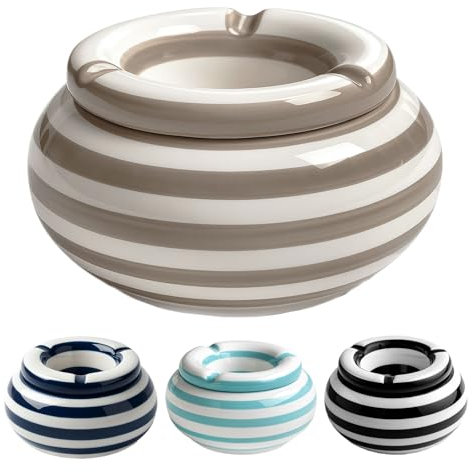 Murago - Keramik Aschenbecher mit Deckel Ø 11,5 cm - Beige - Streifendesign 3 Zigaretten-Ablagen glänzend Strand Beach Maritim Windaschenbecher Indoor & Outdoor Tischaschenbecher Raucherzubehör