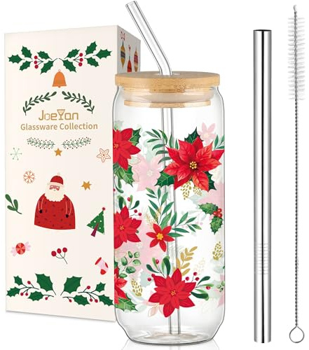 Joeyan Christmas Glass Cups with Lids and Straws, Poinsettia Flower Tumbler Boba Iced Coffee Cup, Cute Bubble Tea Can Smoothie Drinking Glasses, Aesthetic Decor Xmas Gift for Women Mom Friend, 600ML
