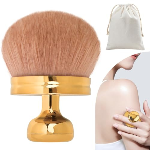 VLYX Extra Stor Kroppsmakeupborste för Brun utan Sol, 3,1-Tums Oval Kabukiborste, Applicator med Brett Huvud för Ansikte, Hals, Rygg, Ben, Vått och Torrt Användning med Dragskopåse (Guld)