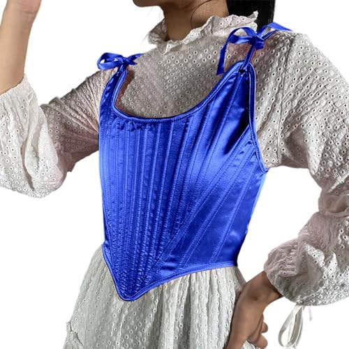 Zanisouta Corset pour femme Renaissance en satin avec tiret vertical, bustier à laçage sur la poitrine, vintage, costume médiéval, clubwear, sous-vêtements, corset top rétro corsage, O bleu., M