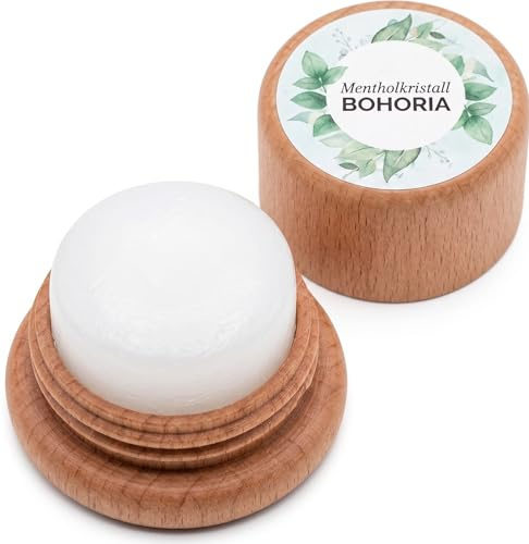 BOHORIA Mentol piedra natural para migraña – 7 g en crisol de madera – Cristal de mentol refrescante para la frente y el cuello para dolores de cabeza, masaje y spa, mentol de cristal puro (L-mentol