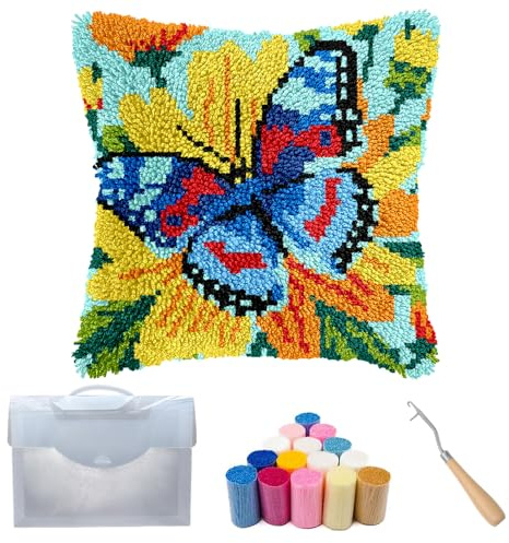 Cozykeke Butterfly Latch Hook Kit for Adults Beginners,DIY Latch Hook Pillow Kits with Pre-Printed Canvas, Embroideery Cushion for Home Decor and Festival Gift 17 * 17in (BX1072)