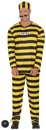 FIESTAS GUIRCA | Costume de Prisionero Adulte (54-56/XL) - T-shirt, Bonnet et Pantalon - Costumes de Détenu et Voleur pour Halloween, Carnaval et Fêtes Déguisées - Idéal pour Homme - Noir et Jaune