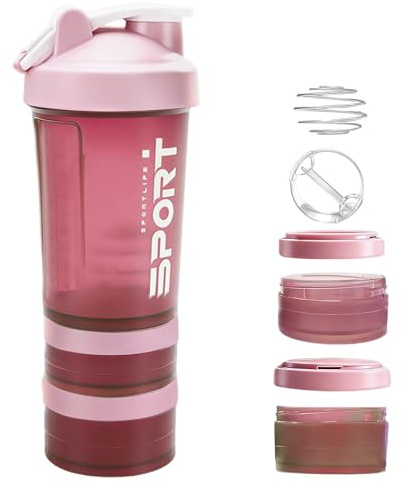 YINKIGI 500 ml Protein Shaker Bottle, Protein Shaker with 2 Storage Compartments & Pill Separator, Includes Whisk Ball, Leakproof with Measurement Markings for Supplement, Pink Gym Bottle for Women