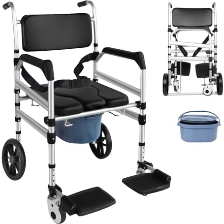 TooCust Rolling Shower Wheelchair with Commode, 350lbs Heavy Duty Transport Chair, 10-Inch Solid Rear Wheels, Water-Resistant Padded Seat, 4-in-1 Bariatric Bathroom Safety Aid for Seniors