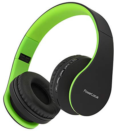 PowerLocus P1 – Auriculares Bluetooth inalambricos de Diadema Cascos Plegables, Casco Bluetooth con Sonido Estéreo con Conexión a Bluetooth Inalámbrico y Cable para Movil, PC, Tablet - Negro/Verde