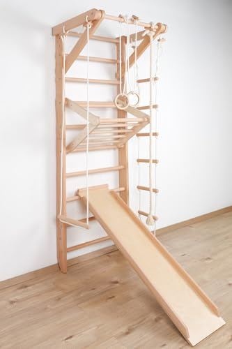 Sport & Gioco – Parete da arrampicata sportiva 5 – 220 per interni e parete da ginnastica, struttura in legno di faggio massiccio, svedese per bambini
