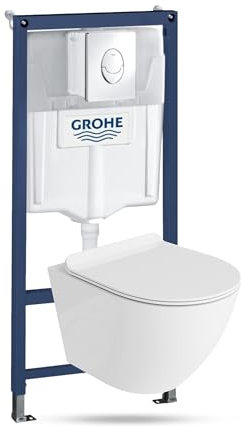 Domino Lavita Wand WC ohne Spülrand + WC-Sitz mit Soft-Close-Absenkautomatik + Vorwandelement inkl. Drückerplatte Skate Air (Sofi, Drückerplatte chrom glänzend)