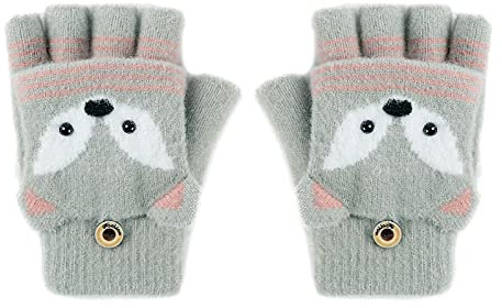 JIAHG Kinder Halbfinger Handschuhe Fingerlose Fäustlinge Mädchen Winter Cartoon Fingerhandschuhe Strickhandschuhe Thermohandschuhe mit Klappe (Fuchs Grau Grün)