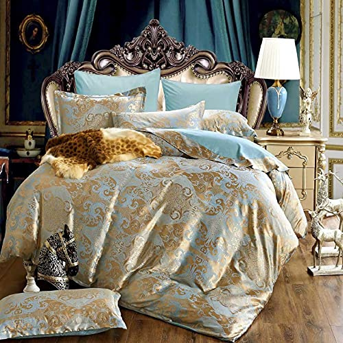 DXHOME, biancheria da letto, 155 x 220 cm, oro e blu, in satin, copripiumino reversibile jacquard, biancheria da letto con fiori dorati, motivo romantico, chiusura lampo, 3 pezzi, in microfibra