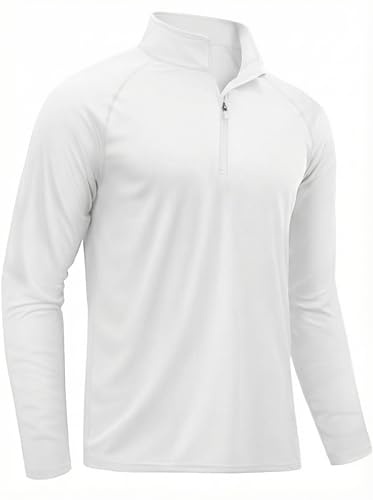 TACVASEN Long Sleeve T Shirt Mens Sun Protection Rash Vest UV Swim Tops 1/4 Zip Quick Dry Gym T Shirt Running Top White,S