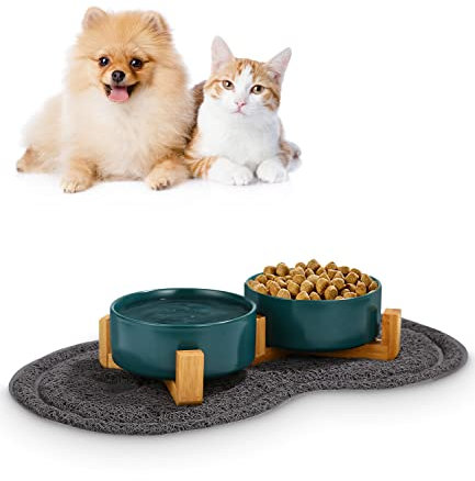 JOFLVA Ciotole Per Cani Ceramica,2 Pacchi 400ML Ciotole Per Gatti Con Base e Pad Antiscivolo Ciotola per Acqua e Cibo Adatto a cani di media e Piccola Taglia（verde）