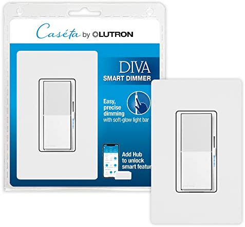 Lutron Diva Smart Dimmer Light Switch with Wallplate for Caseta Lighting (Lutron Smart Hub Required), for LED Lights, 150W, Single-Pole/3-Way, No Neutral, White (DVRFW-6L-WH-A)