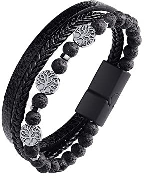 Dochais Herren Armband mit Echtleder und Edelstahl - Jesus Christus Kruzifix Kreuz Armband mit Naturstein und Magnet Verschluss - Schmuck Geschenke für Männer (Schwarz, 21cm)