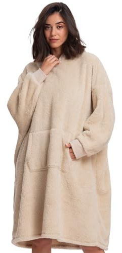 Mad Dog Sherpa Fleece Wearable Blanket Hoodie for Adult Women with Long Sleeves, Cozy Hooded Poncho Jacket, Off White