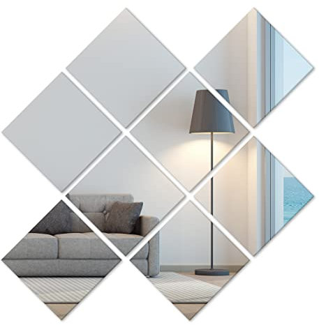 Heilmetz Piastrelle in vetro autoadesive, 15 x 15 cm, 8 specchi da incollare, HD fai da te, per decorazione da parete, armadio, bagno, soggiorno, camera da letto