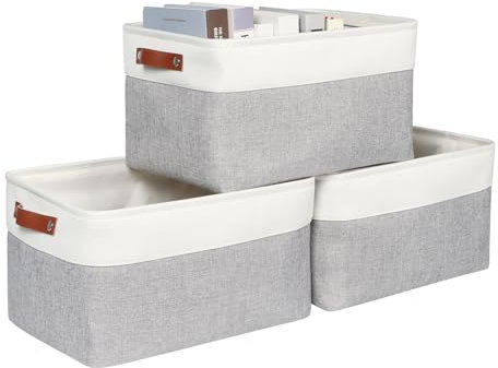 Syeeiex Large Storage Baskets for Shelves with Leather Handle, 3 Pack Fabric Stoarge baskets for Organizing Home, Toys, Office, Clothes (Grey)
