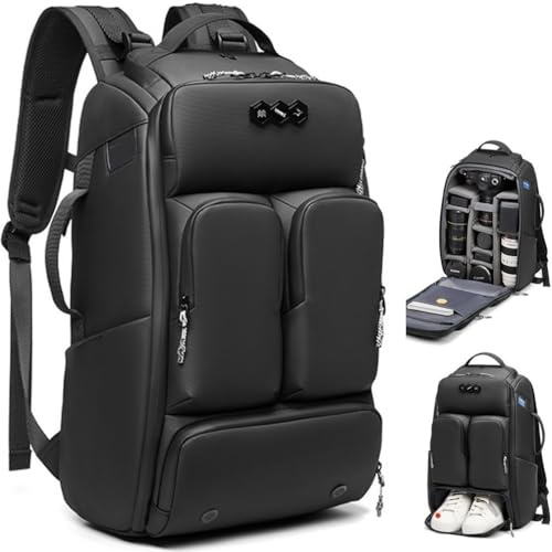 Horfccid Zaino per Fotocamera 26L Fotografica Borsa Zaino DSLR Laptop da 17.3''-Tasca con Scarpe/Tasca Separata Secca Umida - Adatto per Viaggiare (Black)