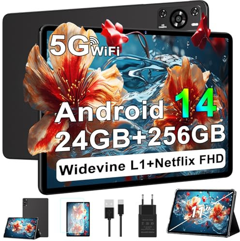 ZIOVO 2025 Neuest Tablet 11 Zoll Android 14 mit 24GB RAM+256GB ROM/TF 1TB, Octa-Core 2.0 GHz, GMS, 8000mAh, Widevine L1, 5MP+13MP, 5G WLAN, BT 5.0, Face ID, GPS, Tablet mit Case - Schwarz