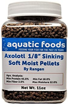 Aquatic Foods Inc. Axolotl Food, 1/8 Soft Moist Sinking Pellets, Rangen's Salmon Meal Pellets for Small Axolotl. Also Shrimp, Snails, Crabs, Bottom Fish, All Tropical Fish...11oz Small Jar