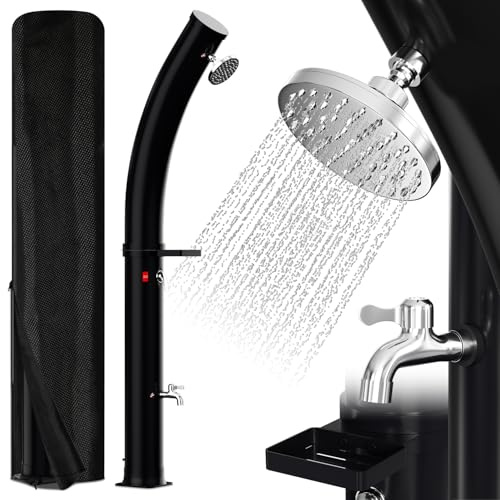 Eulenke Doccia solare 35L Curve Doccia da giardino con soffione a pioggia a 360° e rubinetto, acqua calda max. 60℃, senza collegamento di alimentazione, doccia con tappo di scarico, nero