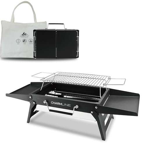 Charmline 51 * 35cm Barbacoa de Carbón Portátil Plegable, Barbacoa Portatil Carbon Para Uso en Exteriores,Parrilla de Barbacoas Para Camping, Picnics, Jardines y Fiestas en La Playa, Negro, Máx
