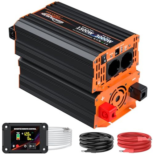 Wechselrichter 1500W Reiner Sinus Spannungswandler 12V auf 230V Power Inverter mit LCD Fernbedienung,USB Ports,Type-C Port,2 AC-Steckdosen für Solar,Fahrzeuge,Wohnmobil,Stromausfall,Reise