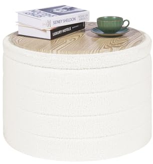 PINPLUS Large Round Ottoman Storage Box in Boucle Fabric, Padded Convertible Coffee Table & Folding Footstool for Living Room, Bedroom, 56×56×40 cm, Cream White