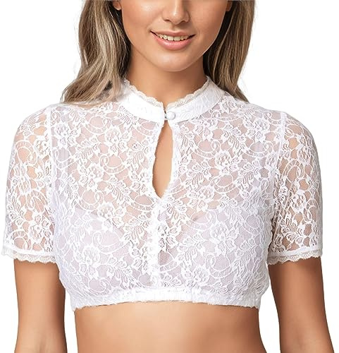 Dirndl Camicetta da donna in pizzo, colore bianco, elegante camicia tradizionale bavarese, a maniche corte, con colletto alto, trasparente, per Oktoberfest