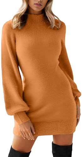 GRECERELLE Womens Knit Jumper Dress Winter Crew Neck Long Sleeve Bodycon Pullover Ladies Mini Sweater Dresses (Pumpkin, L)