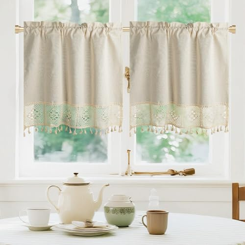 Dreaming Casa Linen Blend Kitchen Curtains 24 Inches Length, 2 Panels Bohemia Hollow-Out Tier Curtains for Living Room Bedroom, Short Semi Sheer Bistro Drapes with Rod Pocket, Natural, 30W x 24L