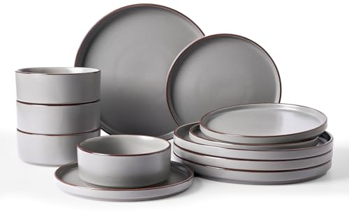 Richmount Halo Plates and Bowls Set, 12 Pieces Dinner Set for 4, Stoneware Dinnerware Sets with Dinner Plates/Salad Plate/Cereal Bowls, Dishwasher & Microwave Safe, Dark Gray