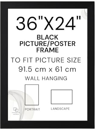 36x24 Inch Poster Frame, Black Wood Picture Frame with Hooks, 61 x 91.5 cm | Clear Acrylic Glass Front, Sturdy Black Wooden Frame, MDF Backing and Hooks for Easy Portrait or Landscape Wall Display.