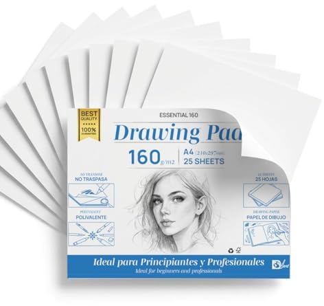 SIDI - Bloc de Dibujo A4 Profesional 160g/m², Papel de Sketchbook, Papel Grueso sin Traspaso, Para Lápiz, Rotulador y Bocetos, Superficie Suave, 25 Laminas de Dibujo (ESSENTIAL 160, 25 hojas)