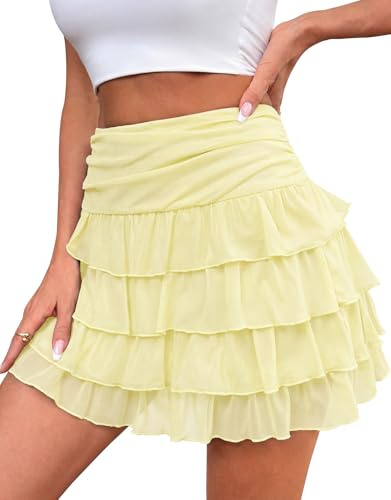 Adigaber Women's Ruffled Mini Skirt Elasticated Waist Layered Mesh Skirt with Shorts Yellow